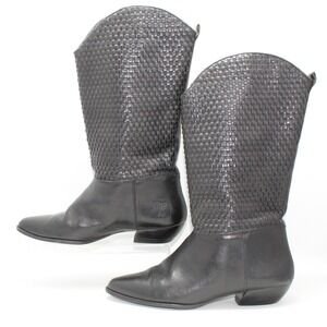 Vintage AJ‎ Valenci Black Woven Leather Western Boots Pointed Toe 7M 7743